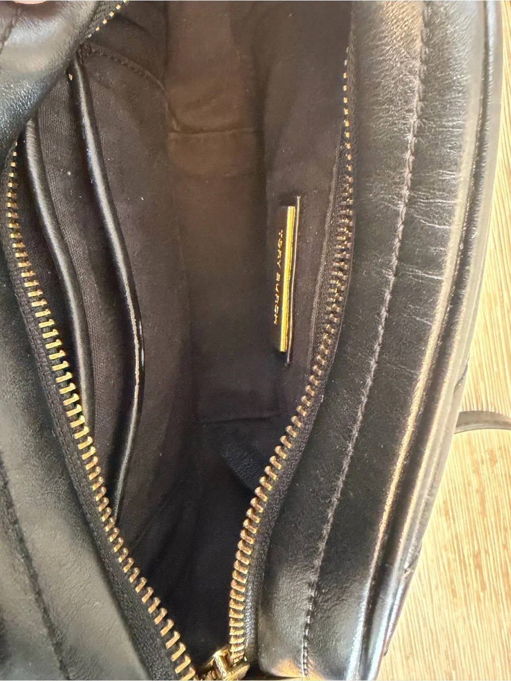 Tory Burch Black Quilted Leather Camera Crossbody with Gold Chain and Tassel